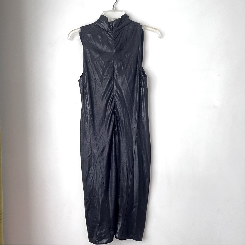 Anna Sui Vintage Black Wet Look Metallic Mock Neck Sleeveless Midi Dress 6 - Picture 2 of 5